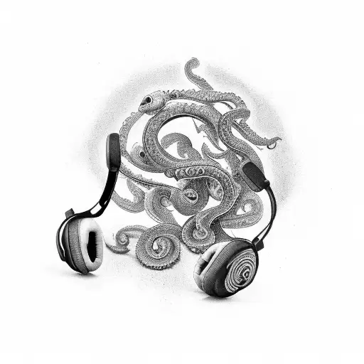 A Black-grey Tattoo Of Headphones Morphing Into An Octopus