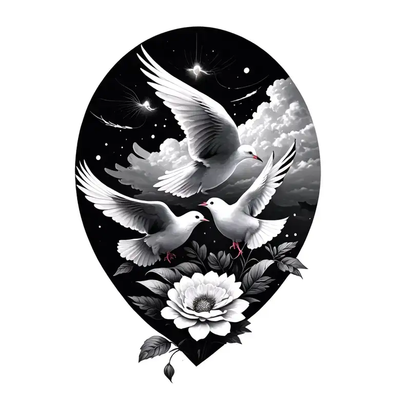 Doves With One Flower And Heavenly Cloud Background