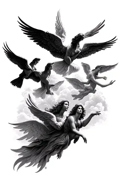 Multiple Guardian Angels Flying In Paradise Resembling Heaven