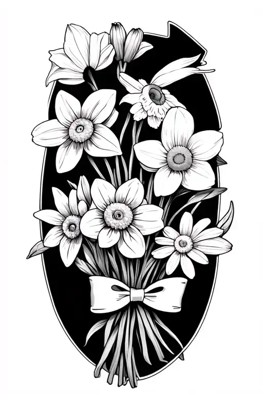 Daffodil And Daisy Bouquet Tied Off With A Bow Fine Line