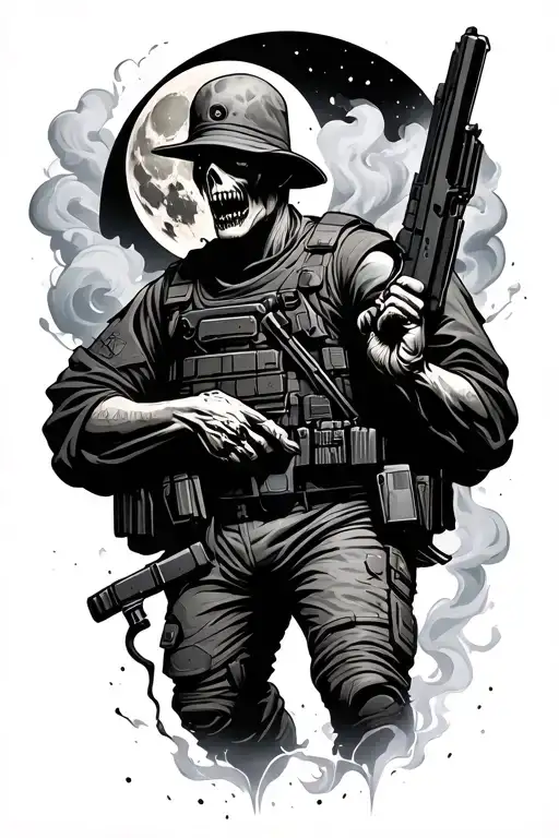 Zombie Soldier Holding A Gun With The Moon And Smoke