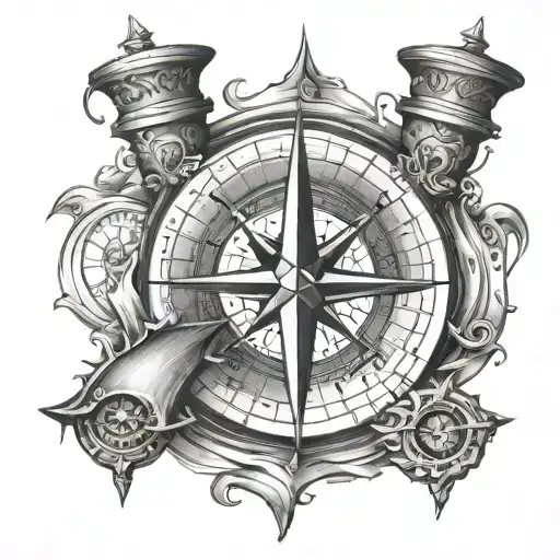 Compass With Hourglass Inside Surrounded By Two Sea Tridents