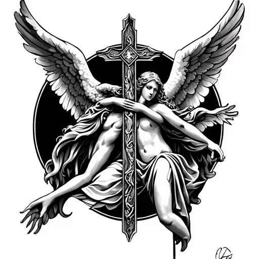 Tattoo With A Cross And A Angel Overlappig The Bottom
