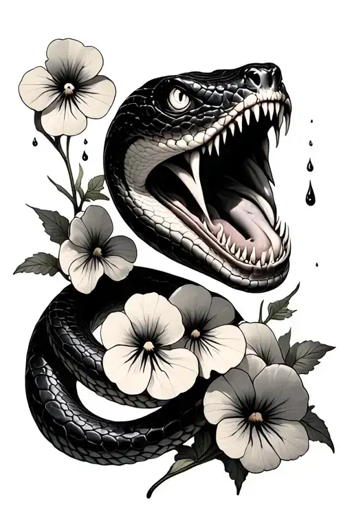 An Open Mouthed Snake Wrapping Around Pansies With Venom Drops Falling