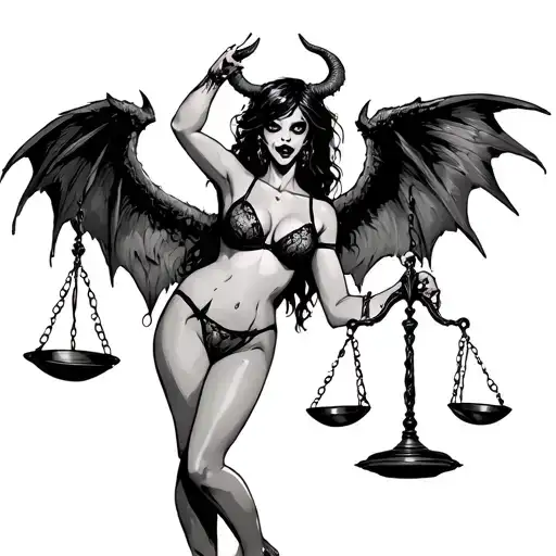 Scary Girl In Sexy Lingerie With Demon Wings Holds Scales Of Justice