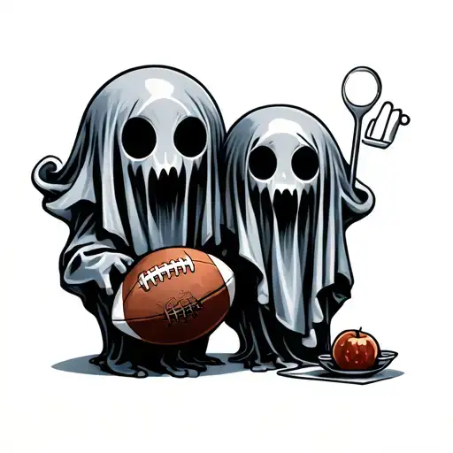 Two Tiny Ghost One With A Football Ball And One With A Kitchen Ustensile