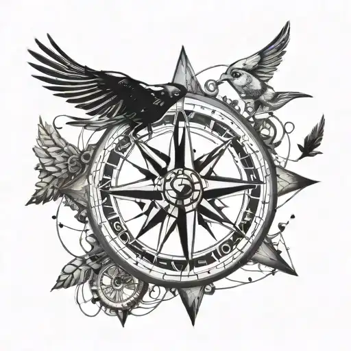 Basic Small And Broken Compass With Some Small Black Bird Silhouettes Flying Out Of It And Upwards