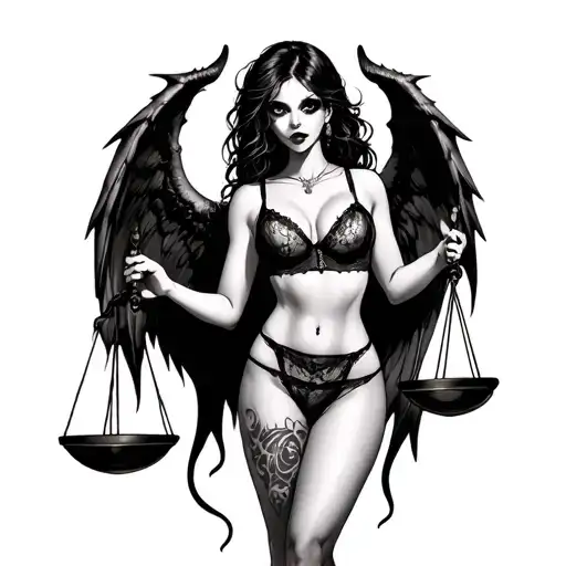 Scary Girl In Sexy Lingerie With Demon Wings Holds Scales Of Justice