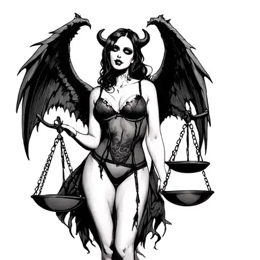 Scary Girl In Sexy Lingerie With Demon Wings Holds Scales Of Justice