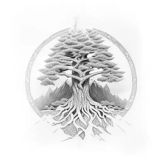 A Black-grey Tattoo Of The Tree Of Gondor With Intricate Geometric Details
