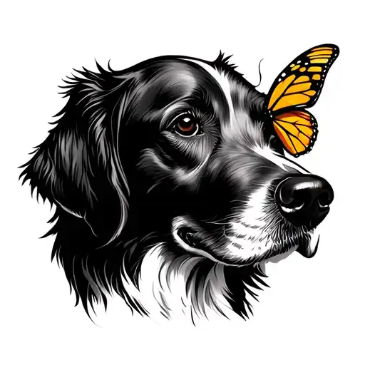 Bicep Placment Of A Simple Fine Line Side On Golden Retriver With A Small Butterfly Above The Nose