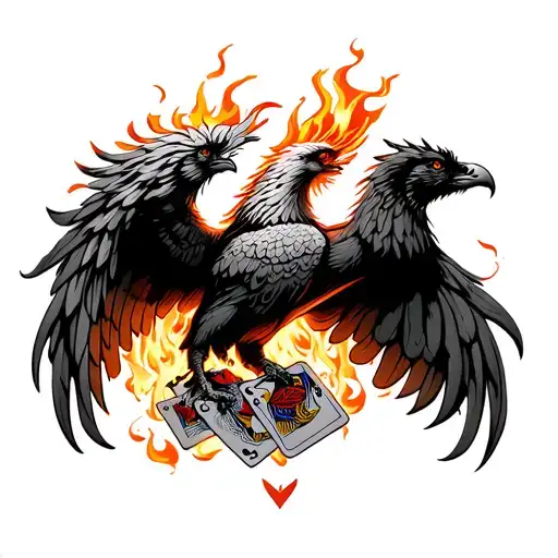 Phoenix Rising Into The Sky Above Casino Playing Cards That Are Burning From A Fire