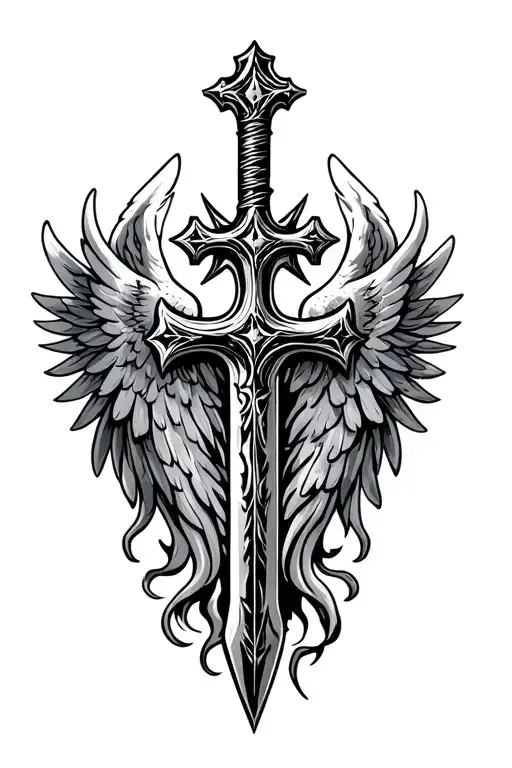 Cross Engraved On A Flaming Sword Surrounded By Angel Wings