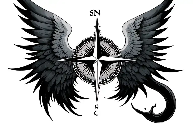 Medium Compass With Wings Spread With An Ethereal Water Tail Gushing Downard