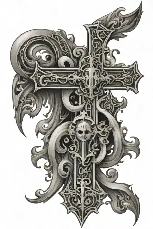 Word God Vertical Tattoo With Cross At The Bottom And One On Each Side