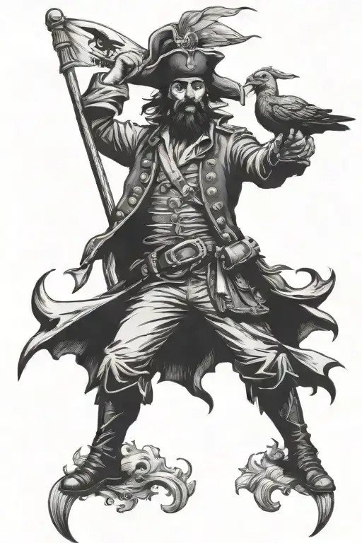 Pirate Captain Silhouette Standing On Ship Sailing With Eagle Head Flag