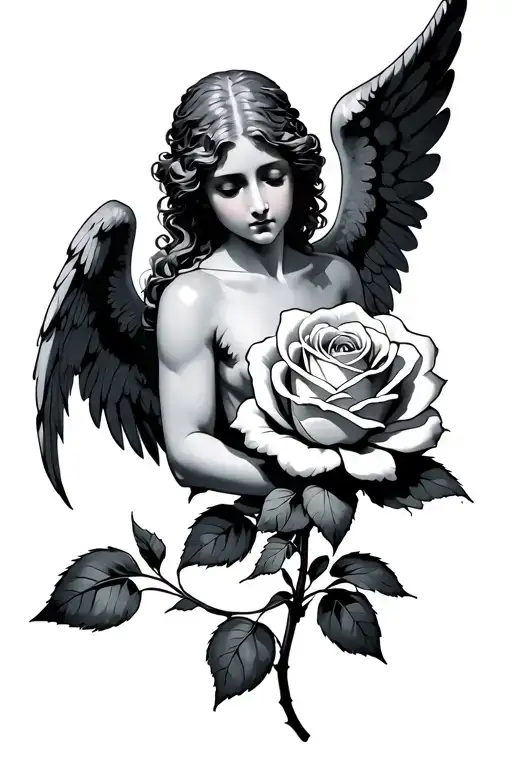 Angel Raphael Wrapped Around A Rose With A Stem