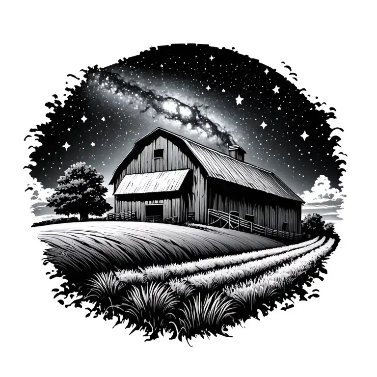 Farm With Barn And Field With Galaxy Filled With Stars