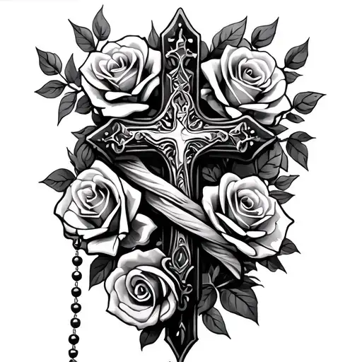 Roses And Cross With A Rosary Wrapped