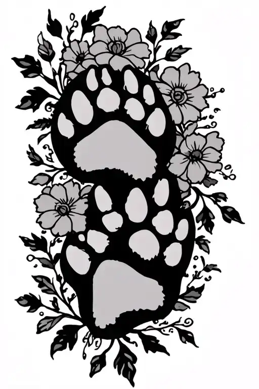 Off Centered Back Tattoo With Dog Paw Prints And Floral Vines
