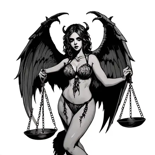 Scary Girl In Sexy Lingerie With Demon Wings Holds Scales Of Justice