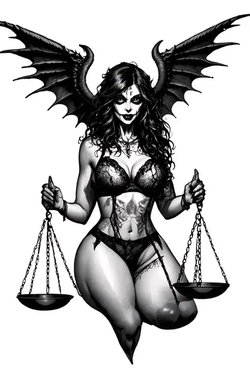 Scary Girl In Sexy Lingerie With Demon Wings Holds Scales Of Justice