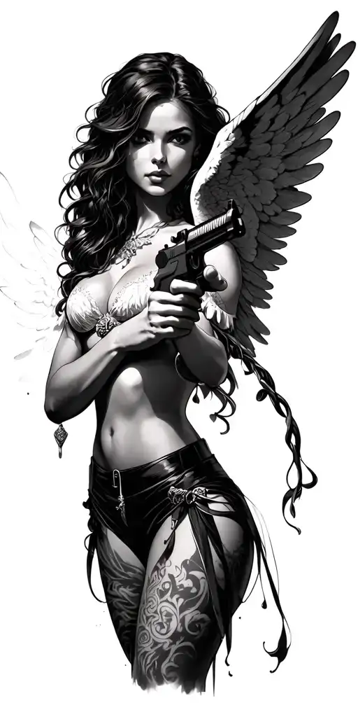 Sexy Angel Holding A Gun Shooting