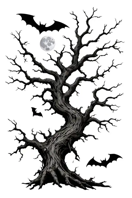 A Dead Tree With Branches With Bats Flying Around It And A Moon On Top With A Bat Infront Of It