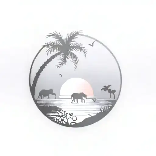 A Palm Tree And 4 Elephants Fanily And Beach Sunset