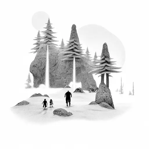 A Black-grey Tattoo Of A Father And His Kids Exploring The Wonders Of Nature Together