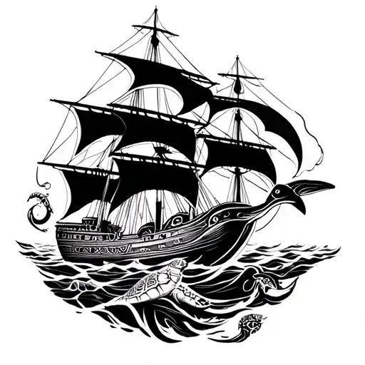 Tribal Rough Seas Sailing Ship Whale Sea Turtle Kraken Half Sleeve And Shoulder