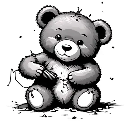 Teddy Bear Falling Apart But Using His Own Thread To Sew Another Bear In Need
