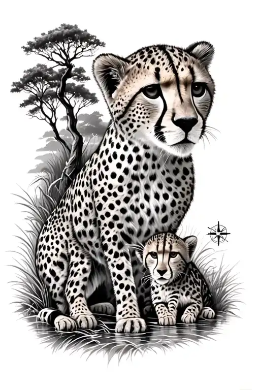 Cheetah Cubs Playing On Grass With Mama Cheetah River And Trees A Compass Ocean