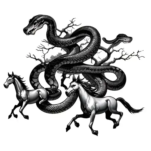 Snakes Wrapped Around Four Mini Horses Running With Scary Tree In The Background