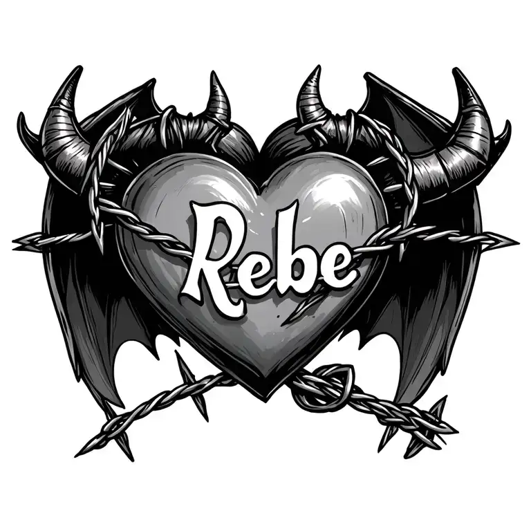 Small Cutesy Barbed Wire Heart With The Name Rebe In It The Heart With Devil Horns And Bat Wings