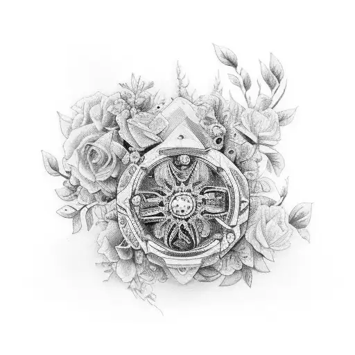 Design A Black And Grey Tattoo Of A Vintage Motorcycle With Intricate Floral Patterns