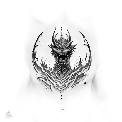 A Heavily Black Ink Contouring Side Stomach Tattoo With Alduin From Skyrim