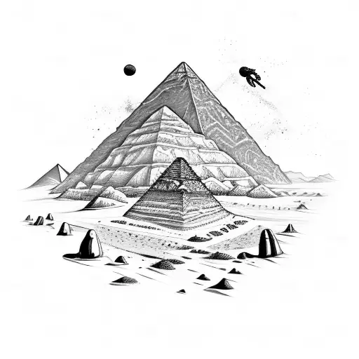 A Mystical Desert Landscape With Pyramids In The Background And A Scorpion Crawling In The Sand