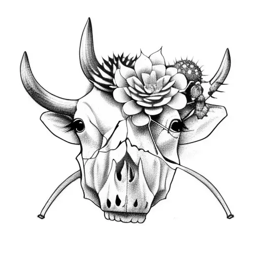 Cow Skull With Cactus And Flowers