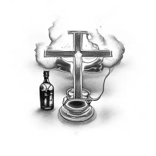 A Black-grey Tattoo Of A Bartending Scene With A Christian Cross Subtly Incorporated