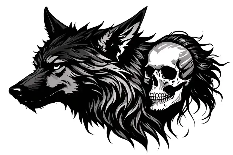 Wolf's Head With A Warrior Woman Head And Death Skull