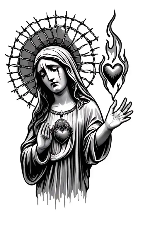 Mexican Crying Virgin Mary With Barbed Wire And A Flaming Heart