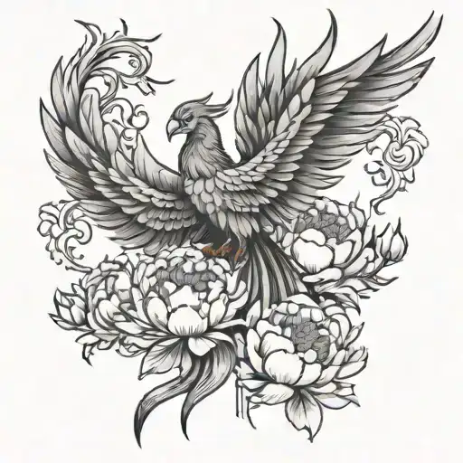 Burning Phoenix With Peonies Growing