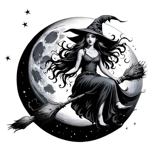 A Whimsical Witch Riding A Broomstick Under A Full Moon With Magical Energy Swirling Around Her