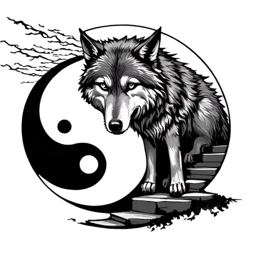 Wolf With Stairway To Heaven And Ying Yang Moon