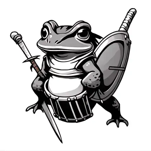 Samurai Frog With Drum As Shield And Drumstick As Sword Tattoo Black And Grey