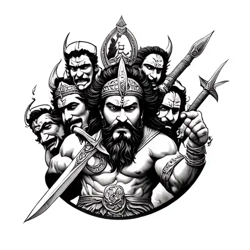 Forearm Round Tattoo Of King Raavan With 10 Heads And A Sword In His Hand