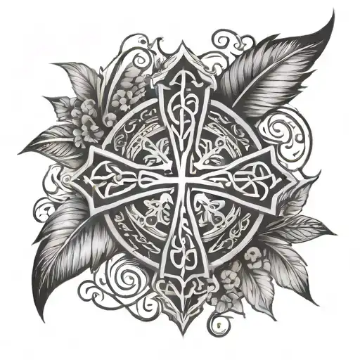Celtic Cross Indian Shield Vines Feathers Clover