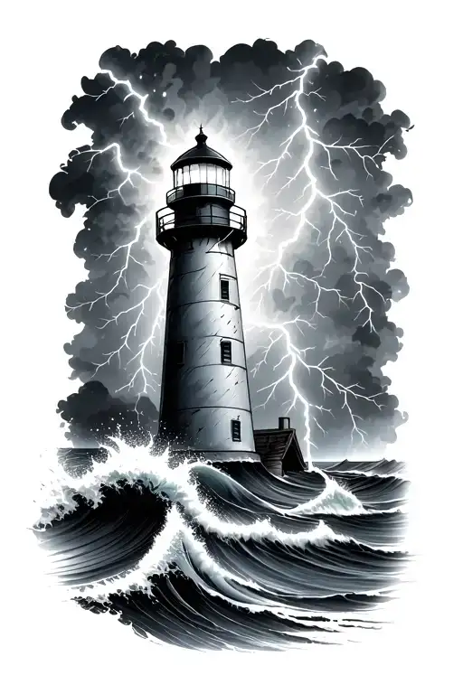 Lighthouse Shining In Thunder Storm Lightning And Big Waves