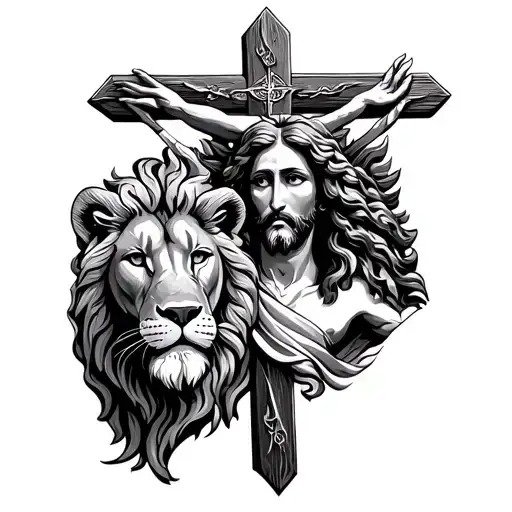 Cross With A Lion And Jesus Christ